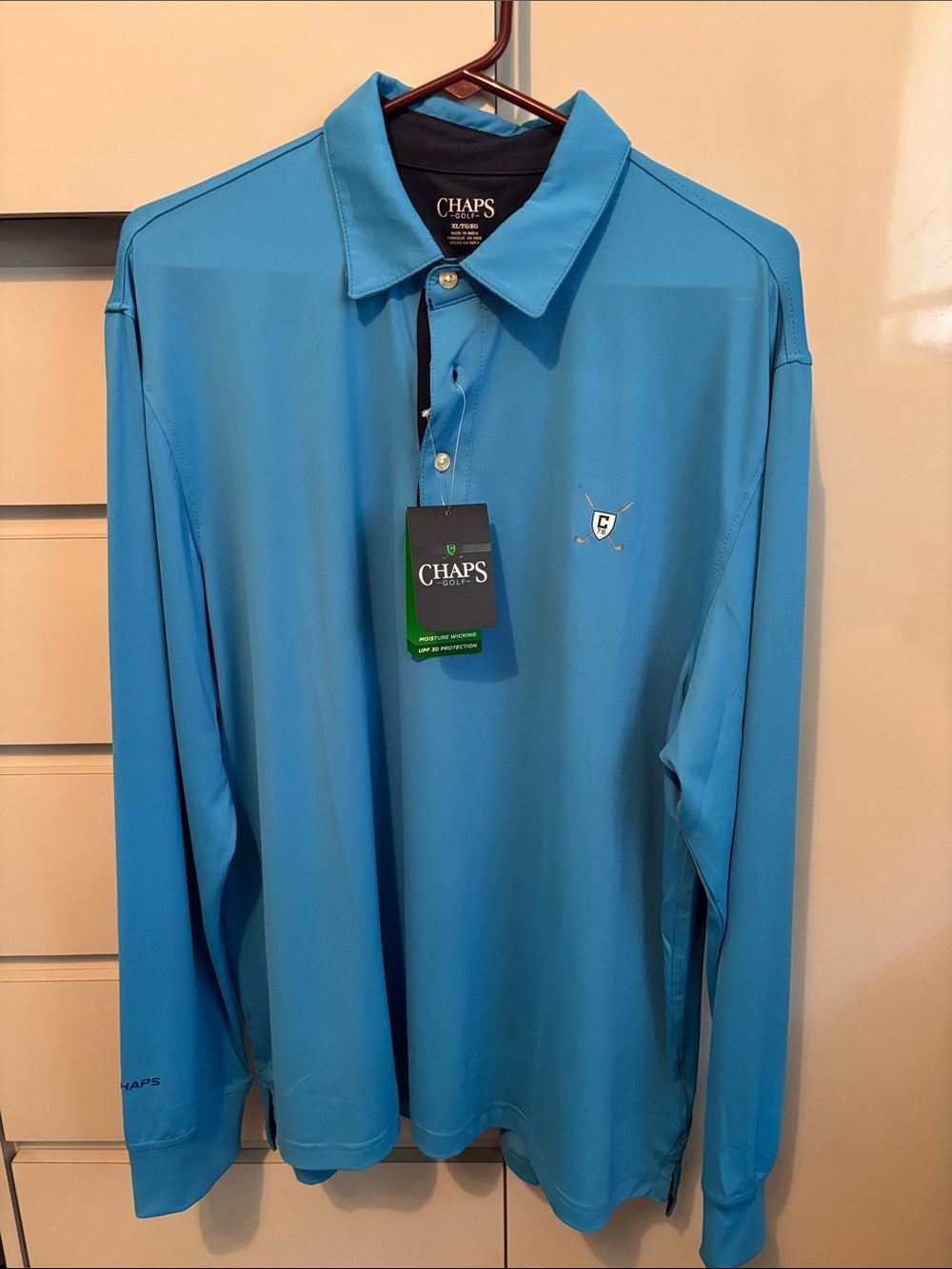 Chaps Men's Long-Sleeve Golf Polo in Brilliant Blue. Size XL UPF 30